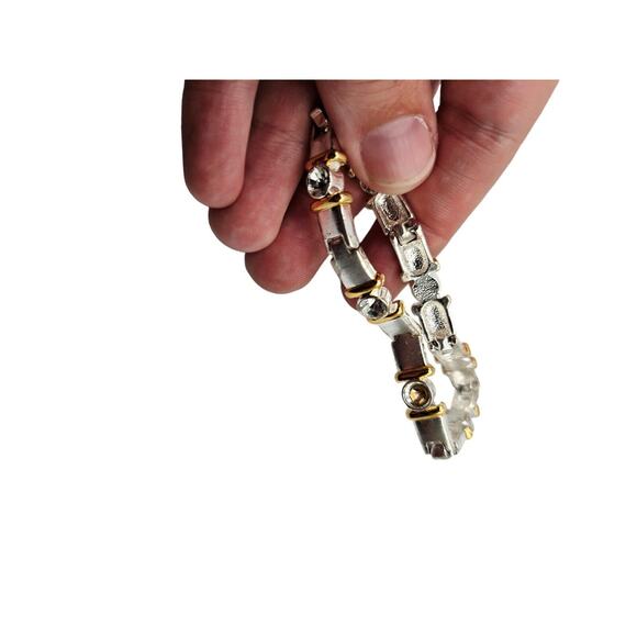 Vintage 1990s Chain Style Clasp Bracelet Gold Silver Tone Rhinestone Inlay - Picture 3 of 4